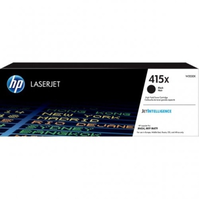 Toner HP LaserJet 415X preto W2030X em caixa preta e branca com texto colorido