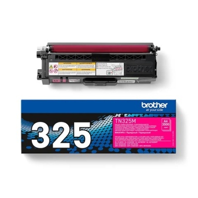 Cartucho de toner Brother TN325M magenta com embalagem preta e azul