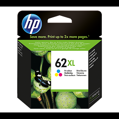 Cartucho de tinta HP 62XL tricolor em embalagem preta e verde com texto promocional