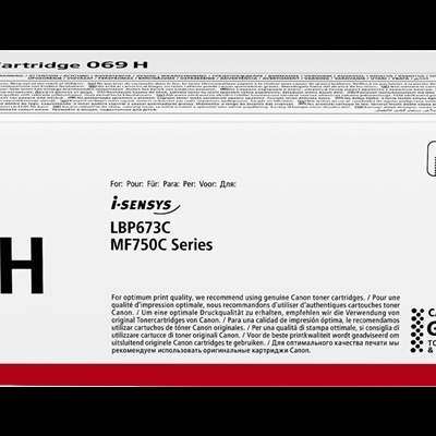 Embalagem de toner Canon Cartridge 069 H branco com vermelho e rosa, texto e logótipos