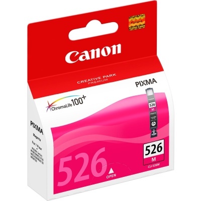 Cartucho de tinta Canon PIXMA 526 Magenta em embalagem vermelha e rosa