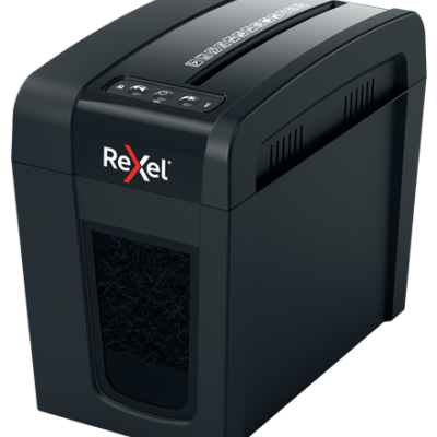 Triturador de papel preto Rexel com visor e botões no topo