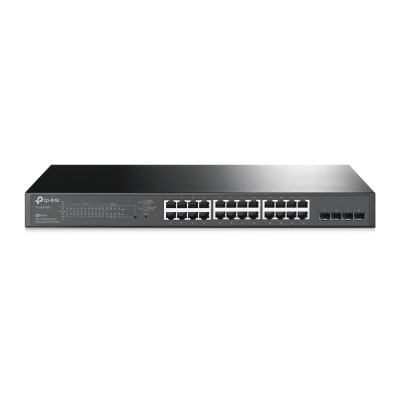 Switch de rede TP-Link preto com 24 portas Ethernet e 4 portas adicionais