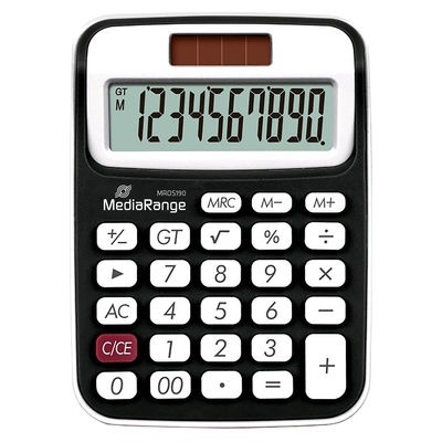 Calculadora MediaRange preta e branca com ecrã digital e teclado numerico e funcional