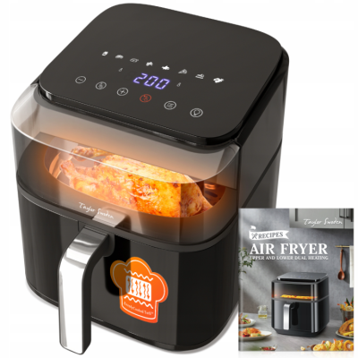 Fritadeira elétrica preta com visor digital, frango dentro e embalagem ao lado.