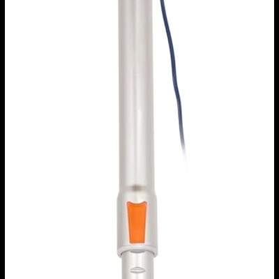 Aspirador vertical branco e prateado com detalhes laranja e azul