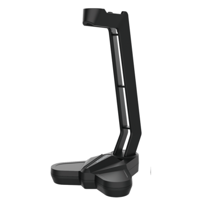 Suporte preto para headphones com base estável e design ergonómico