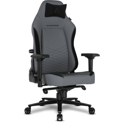 Cadeira gaming ALPHA GAMER cinza com detalhes pretos, roda e base giratória.