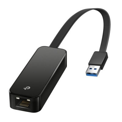 Adaptador USB 3.0 preto com conector RJ45 e cabo curto