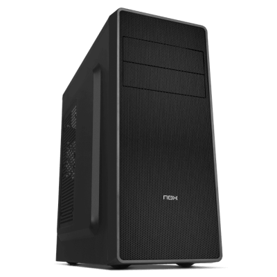 Computador de secretária preto com logótipo NOX na frente