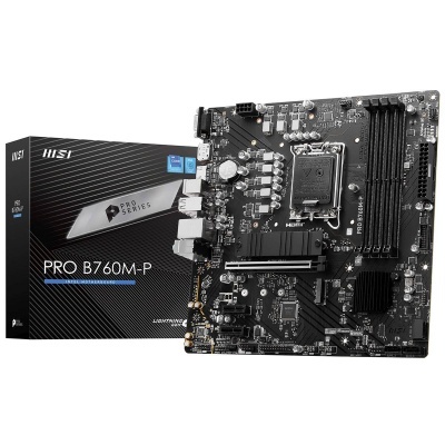 Motherboard MSI PRO B760M-P preta ao lado da caixa preta com textos PRO SERIES e PRO B760M-P