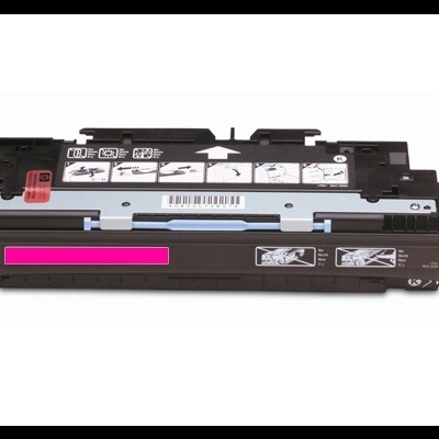 Cartucho de toner preto com etiquetas de instruções e selo vermelho