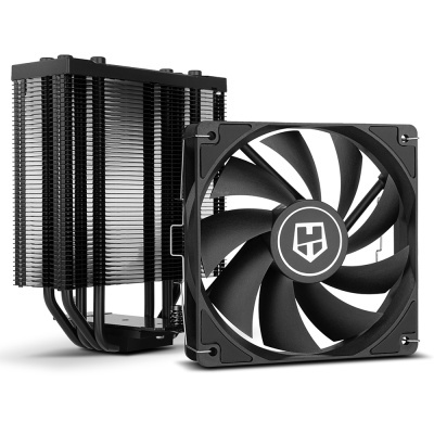 Cooler para computador com dissipador e ventoinha preta com logótipo branco.