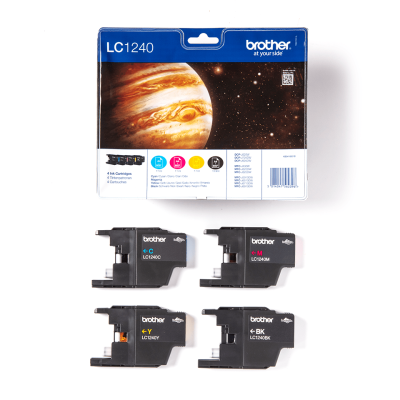Conjunto de tinteiros Brother LC1240 com embalagem azul e imagem de planeta