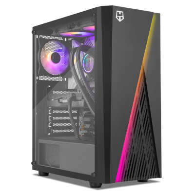 Computador de torre preta com luzes RGB e painel lateral de vidro