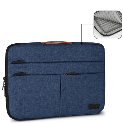 Mala azul para portátil com várias divisórias e interior acolchoado em padrão de bolhas