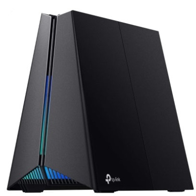 Roteador TP-Link preto angular com luzes LED azuis