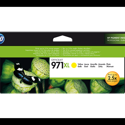 Embalagem de tinteiro HP OfficeJet 971XL amarelo com imagem de borboleta e folhas verdes
