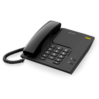 Telefone fixo preto ALCATEL com teclado numérico e botão amarelo