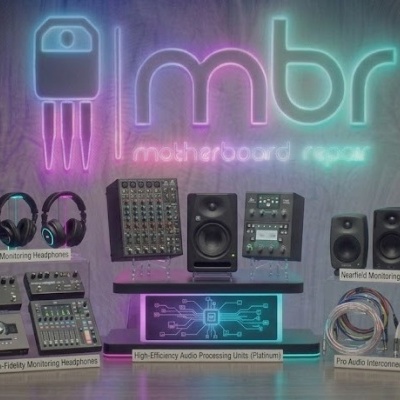 Equipamento de áudio profissional em exposição com logo luminoso mbr motherboard repair ao fundo.