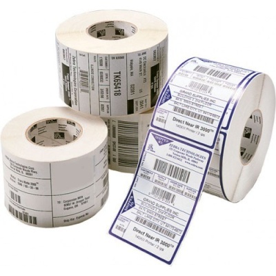 Rolos de etiquetas adesivas com códigos de barras e textos em branco, preto e azul