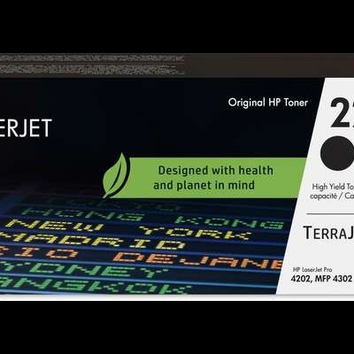 Caixa de toner HP LaserJet 220X preta com texto e logotipos