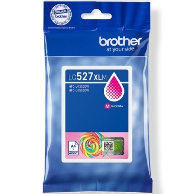 Cartucho de tinta Brother LC 527XLM magenta na embalagem azul.