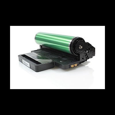 Recipiente de toner de impressora com tambor verde e componentes negros.