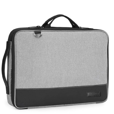 Mala de transporte cinzenta com detalhes pretos e etiqueta SUBRINI