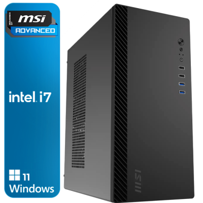 Computador MSI preto com portas USB frontais e selo intel i7 Windows 11