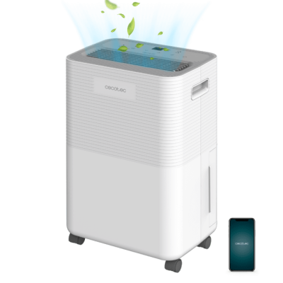 Desumidificador branco Cecotec com telemóvel ao lado