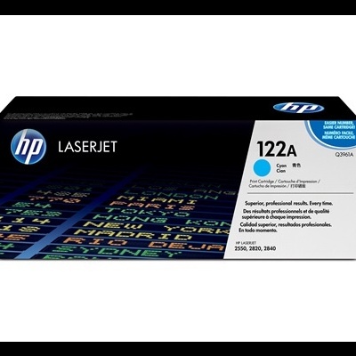 Caixa de toner HP LaserJet 122A ciano com texto e fundo preto branco