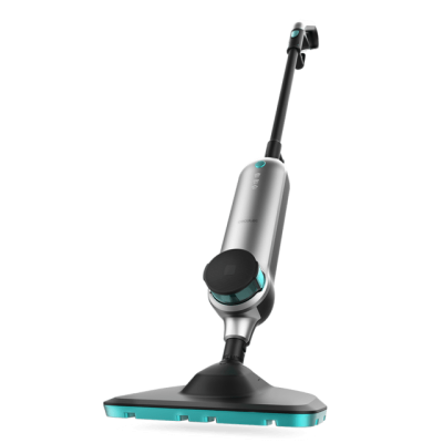 aspirador vertical cinza metálico com detalhes azuis