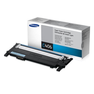 Cartucho de toner Samsung Cyan C406 com embalagem branca e azul