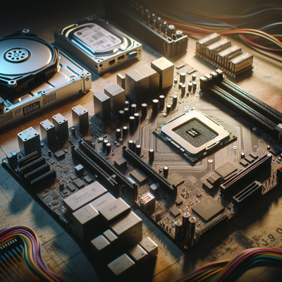 Placa-mãe de computador com componentes eletrónicos e fios coloridos