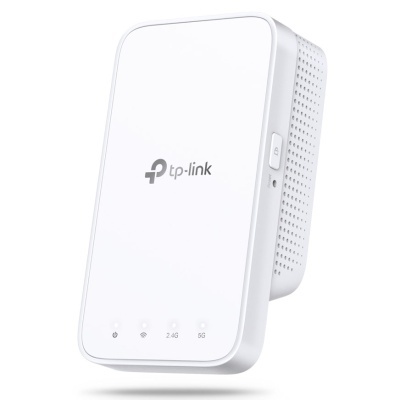 Repetidor Wi-Fi branco tp-link com LEDs e botões laterais