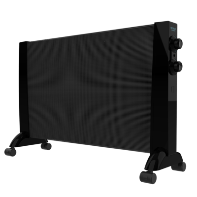 Aquecedor eléctrico preto com botões de controlo laterais e rodas