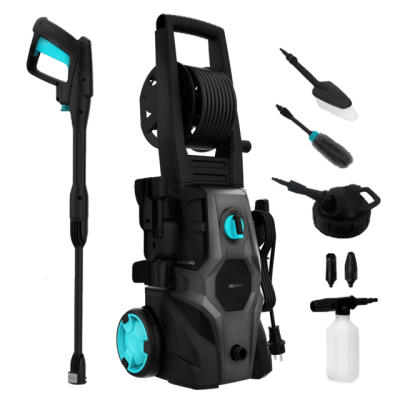 Lavadora alta pressão preta e azul com acessórios de limpeza