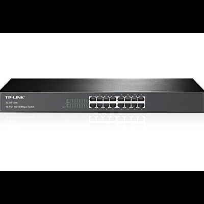 Switch TP-LINK preto com 16 portas Ethernet e LEDs de status
