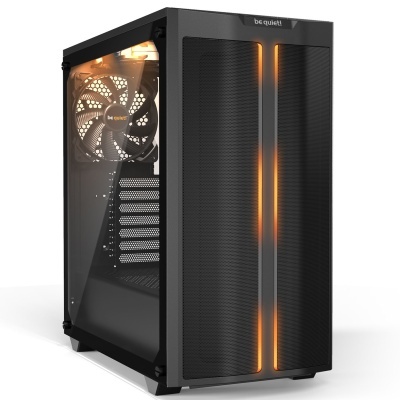 Caixa de computador preta com painel lateral de vidro e iluminação laranja