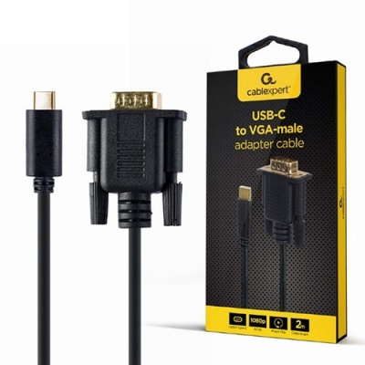 Cabo adaptador USB-C para VGA macho preto e embalagem amarela e preta Cablexpert