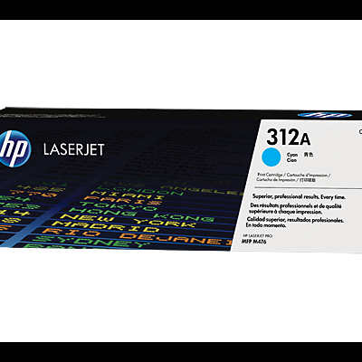 Embalagem toner HP LaserJet 312A ciano com texto e código CF381A