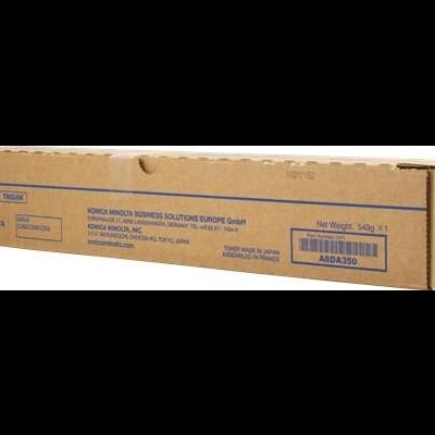 Caixa de toner Konica Minolta castanho com etiquetas azuis e código de barras