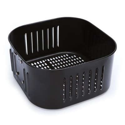 Cesto quadrado preto em metal com orifícios verticais e base furada