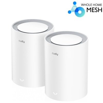 Dois dispositivos brancos cilíndricos da marca cudy para rede mesh