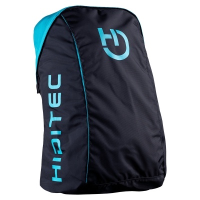Mochila preta e azul com logotipo e texto HAITEC azul claro