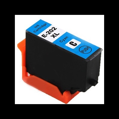 Cartucho de tinta preto com etiqueta azul e branca e base laranja