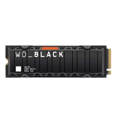 SSD NVMe preto WD_BLACK SN850 com dissipador de calor e texto branco