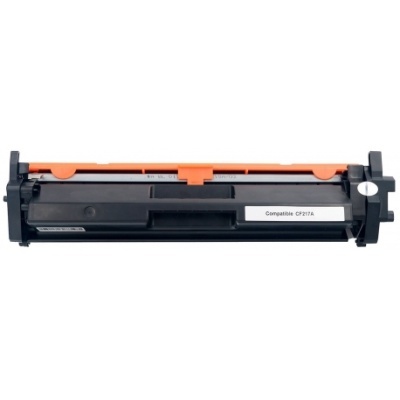 Toner preto compatível CF217A com componente laranja e fundo branco.