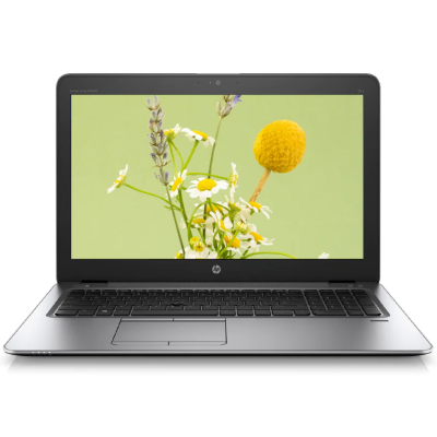 Portátil HP prateado com teclado preto e ecrã mostrando flores sobre fundo verde.